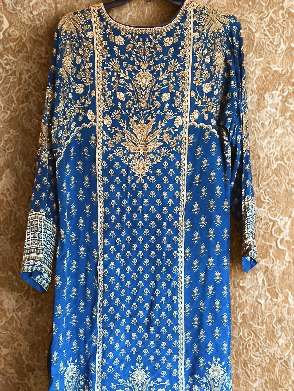 Indian Formal Silk Blue and Gold Kurta Dress with Pants - 2 Piece Outfit